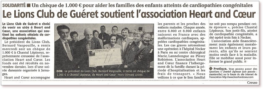 Remise du  chque par  le Lions Club de Gueret  Chantal Lepineux pour Heart and Coeur